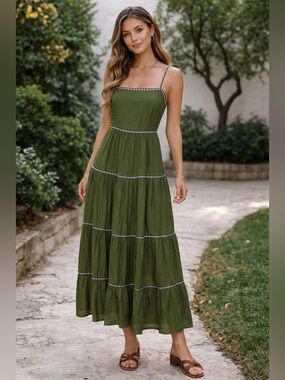 NWT Backless Cami SunDress Olive Green Tiered Summer Vacation Resort Beach XSm